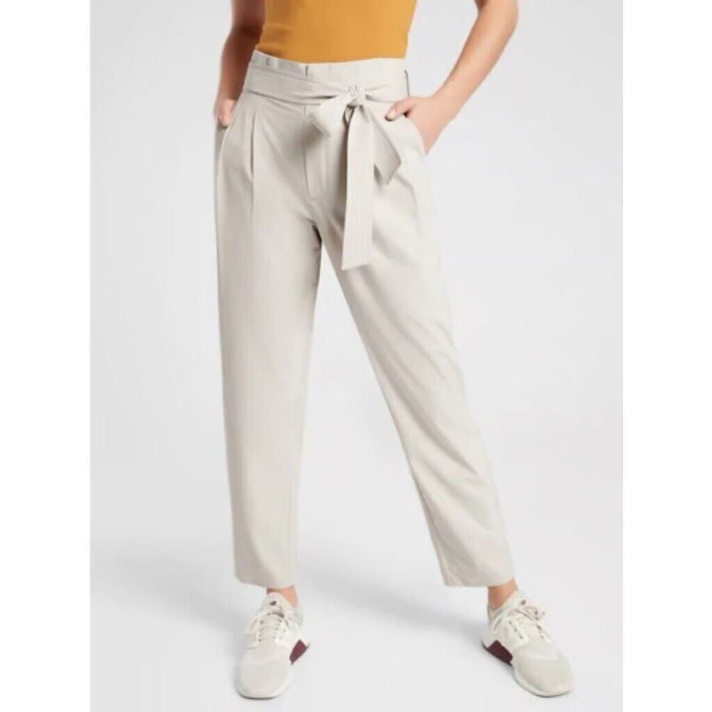 Athleta‎ Skyline Pant II Size 16 Paperbag Waist Belted Beige Abalone Gray